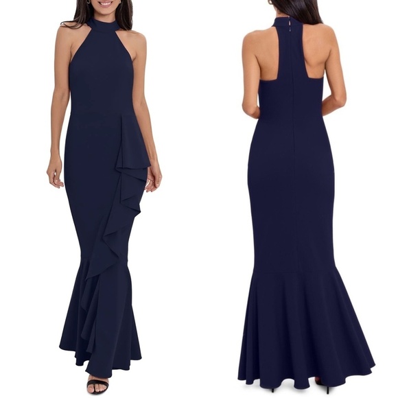 NWT Xscape High Neck Halter Mermaid Gown w/ Front Ruffle in Navy Sz. 4 - Picture 1 of 3